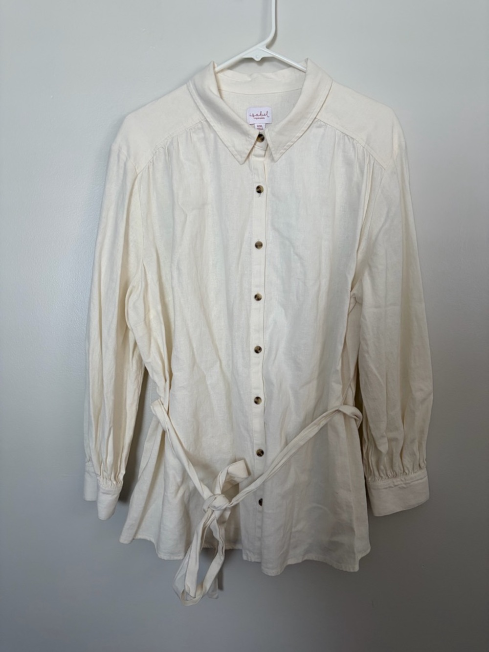 Ingrid & Isabel Linen Blend Cream Button-Down Shirt with Tie Waist